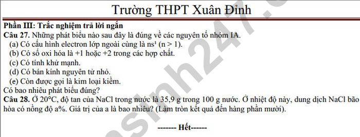 De cuong on tap giua ki 2 mon Hoa 12 - THPT Xuan Dinh 2025