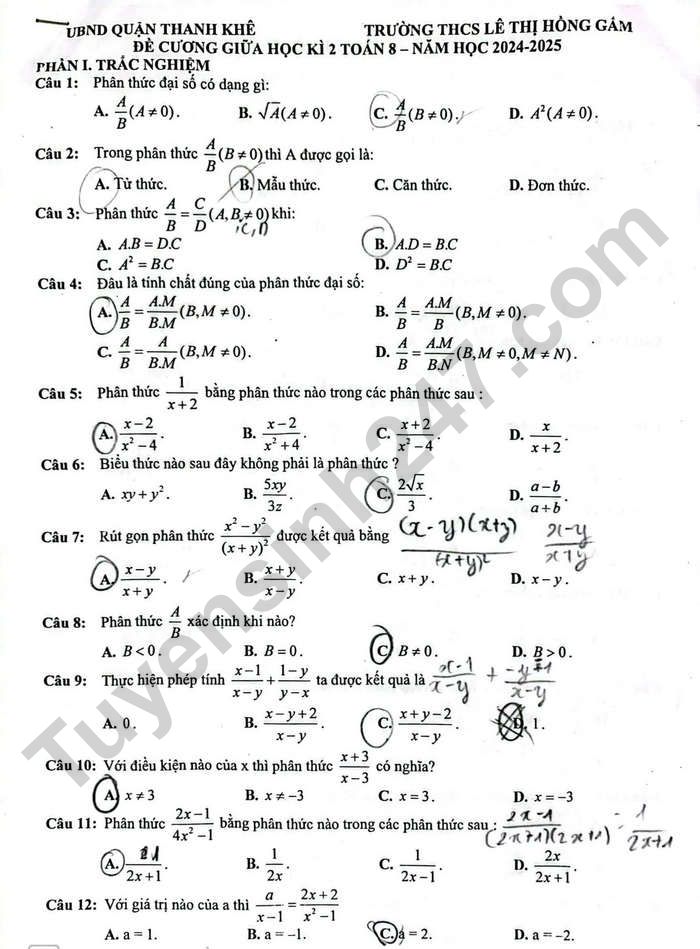 De cuong on tap giua ki 2 nam 2025 mon Toan lop 8 - THCS Le Thi Hong Gam