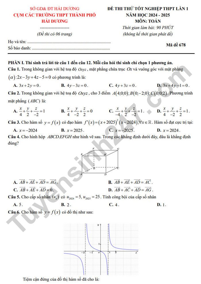 De thi thu tot nghiep THPT lan 1 nam 2025 mon Toan - Cum truong THPT TP Hai Duong