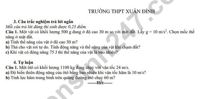 De cuong on tap giua HK2 mon Ly lop 10 - THPT Xuan Dinh nam 2025