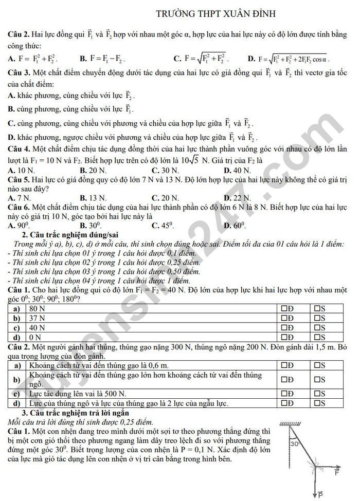 De cuong on tap giua HK2 mon Ly lop 10 - THPT Xuan Dinh nam 2025