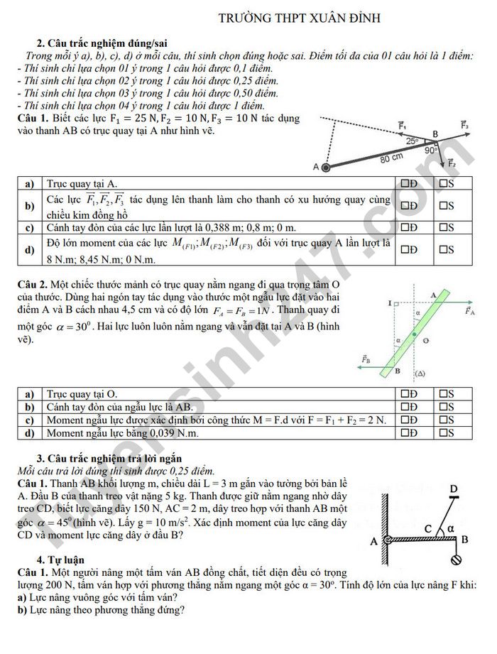 De cuong on tap giua HK2 mon Ly lop 10 - THPT Xuan Dinh nam 2025