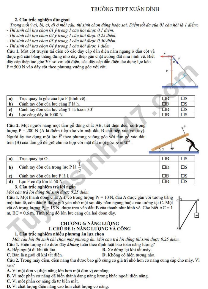 De cuong on tap giua HK2 mon Ly lop 10 - THPT Xuan Dinh nam 2025