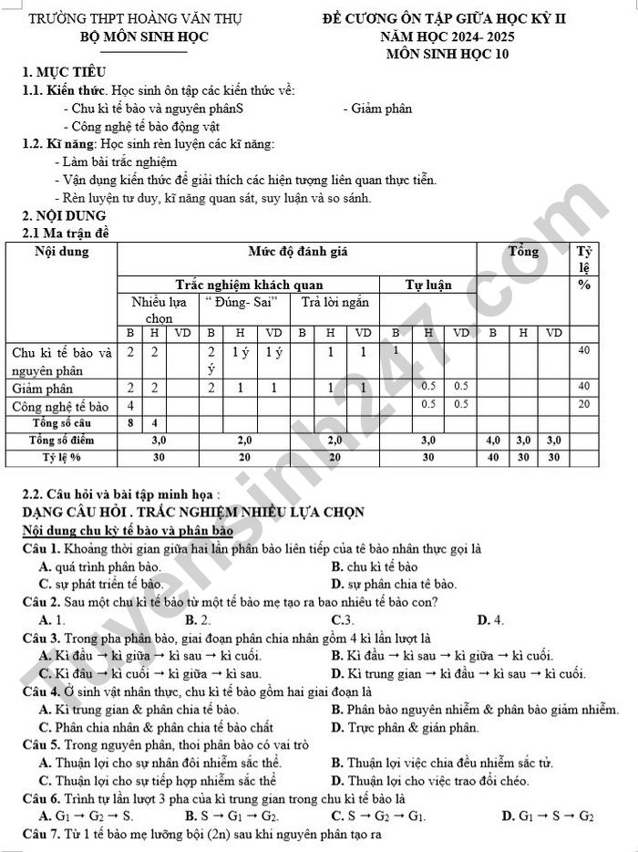 De cuong on tap giua ki 2 mon Sinh 10 nam 2025 - THPT Hoang Van Thu