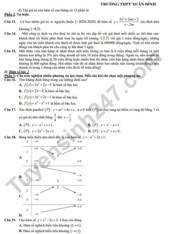 De cuong on thi giua ki 2 mon Toan lop 10 2025 - THPT Xuan Dinh