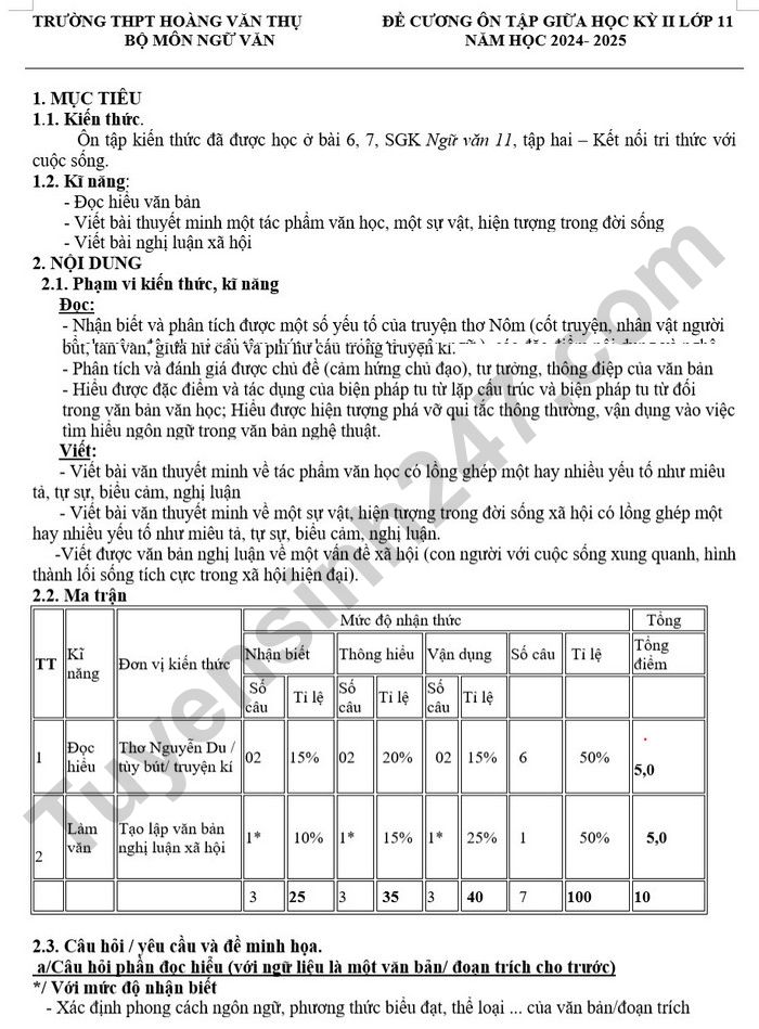 De cuong on tap giua ki 2 mon Van 2025 lop 11 - THPT Hoang Van Thu