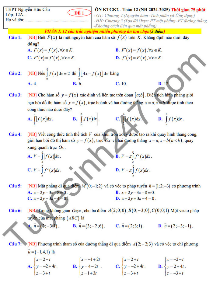 De cuong on thi giua ki 2 lop 12 nam 2025 mon Toan - THPT Nguyen Huu Cau