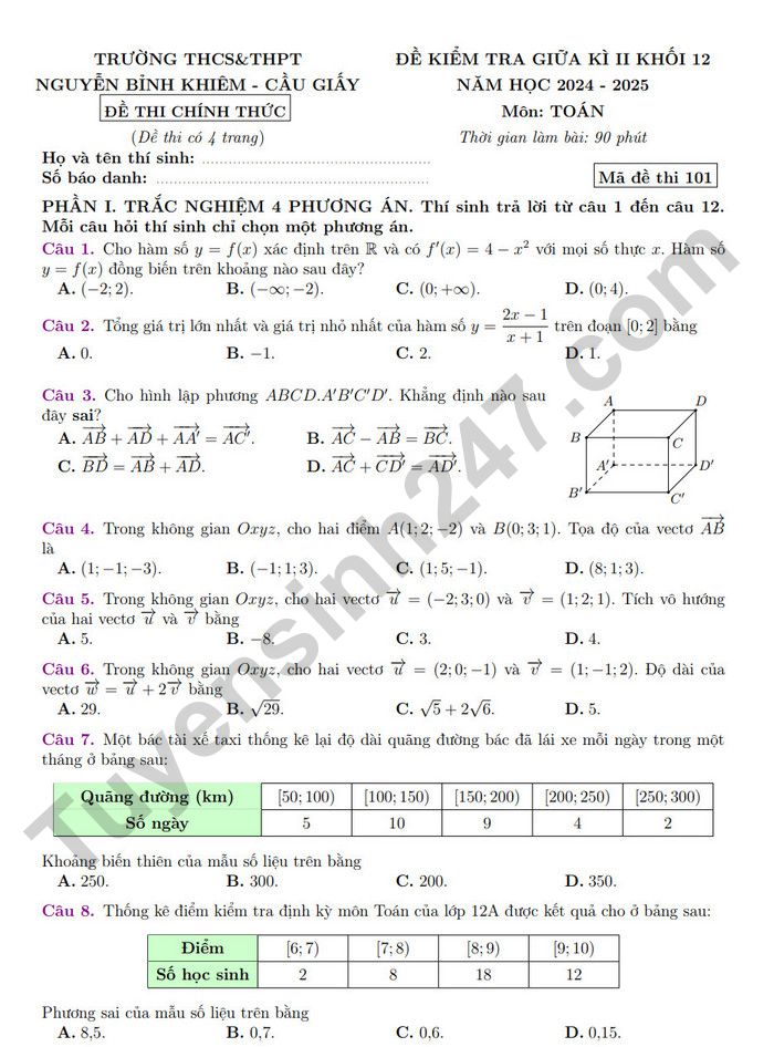 De thi giua ki 2 mon Toan 12 nam 2025 - THCS&THPT Nguyen Binh Khiem (co dap an)