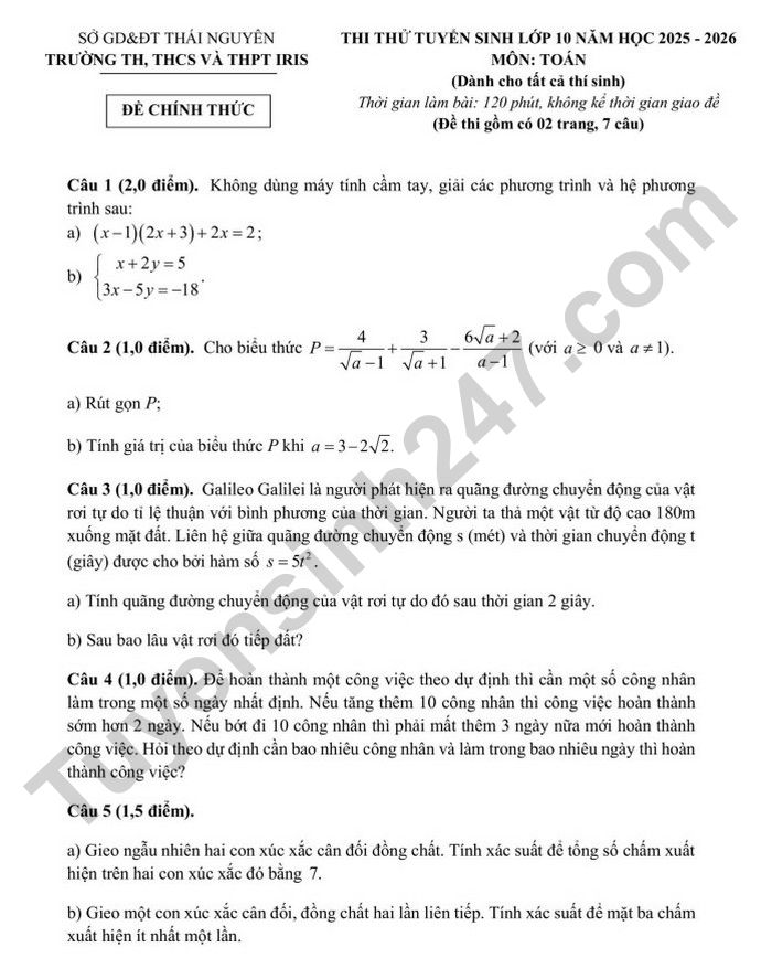 De thi thu tuyen sinh lop 10 mon Toan nam 2025 - TH, THCS&THPT IRIS (co dap an)