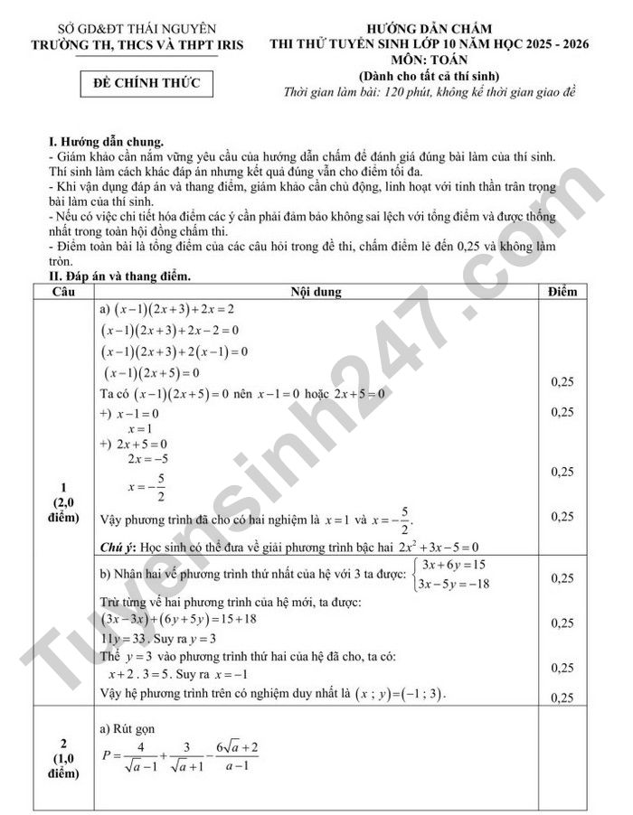 De thi thu tuyen sinh lop 10 mon Toan nam 2025 - TH, THCS&THPT IRIS (co dap an)