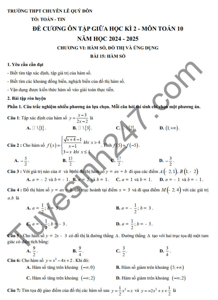 De cuong on tap giua ki 2 mon Toan 10 2025 - THPT Chuyen Le Quy Don