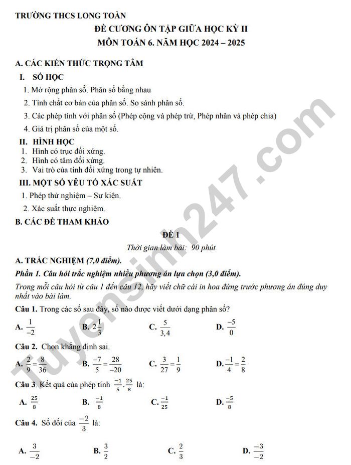 De cuong on tap giua ki 2 mon Toan lop 6 - THCS Long Toan 2025