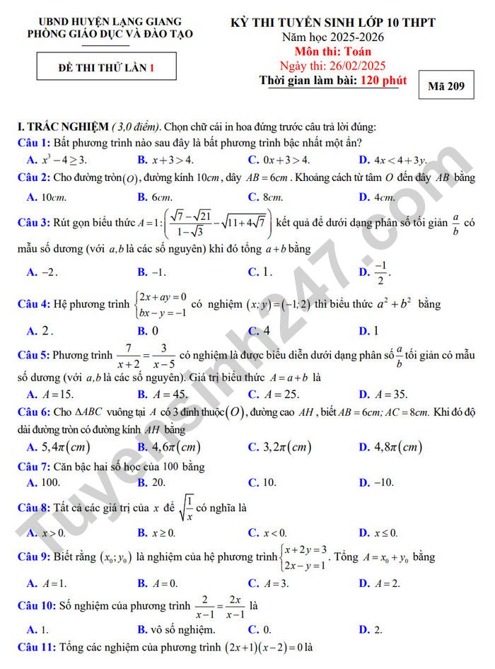 De thi thu vao lop 10 lan 1 mon Toan nam 2025 - Phong GD Lang Giang (co dap an)