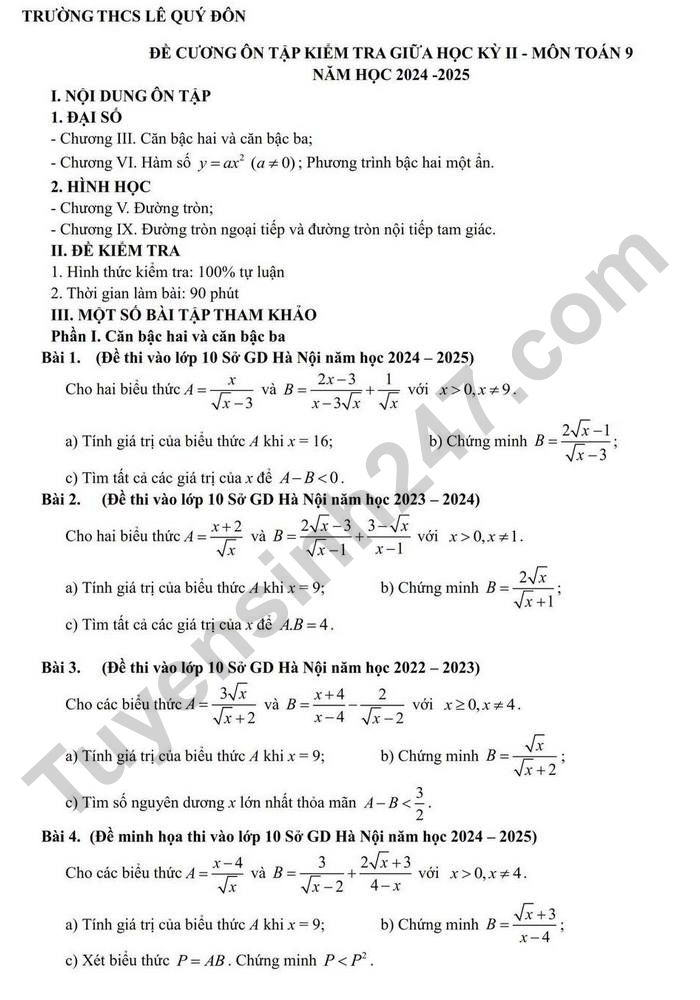 De cuong on thi giua ki 2 lop 9 mon Toan - THCS Le Quy Don nam 2025