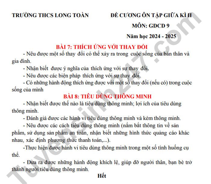 De cuong on tap giua ki 2 nam 2025 mon GDCD 9 - THCS Long Toan