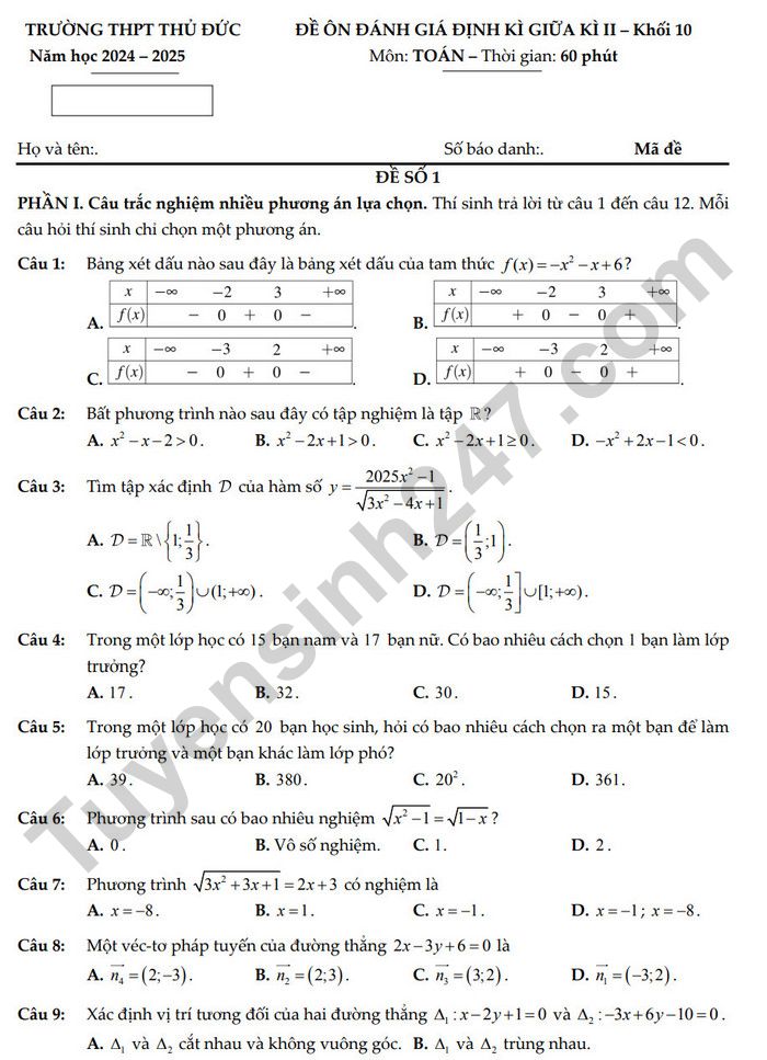 De on thi giua HK2 mon Toan 10 - THPT Thu Duc 2025