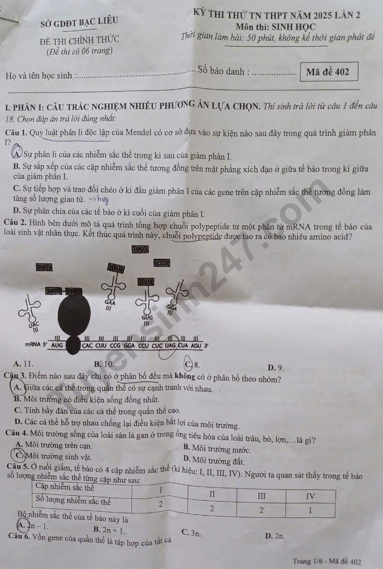 De thi thu tot nghiep THPT mon Sinh 2025 - So GD Bac Lieu (Lan 2)