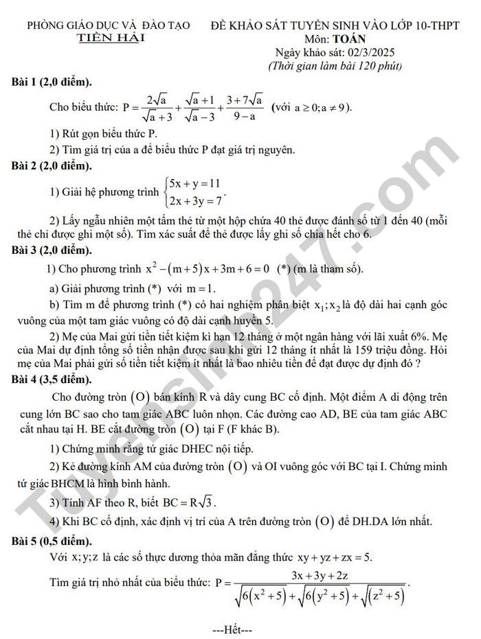 De thi thu vao lop 10 mon Toan - Phong GD Tien Hai nam 2025 (co dap an)