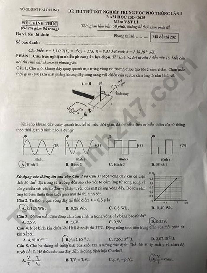 De thi thu tot nghiep THPT mon Ly lan 2 2025 - So GD Hai Duong