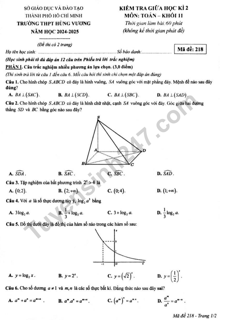 De thi giua ki 2 lop 11 mon Toan 2025 - THPT Hung Vuong