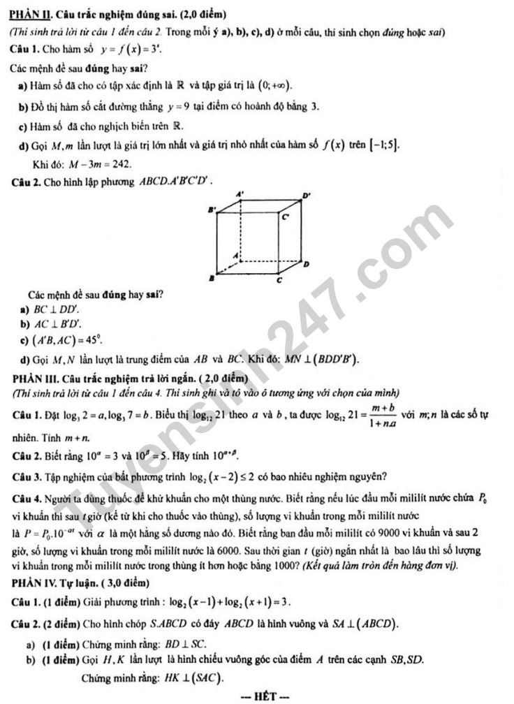 De thi giua ki 2 lop 11 mon Toan 2025 - THPT Hung Vuong