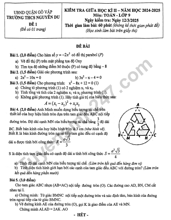 De thi giua ki 2 lop 9 mon Toan - THCS Nguyen Du 2025