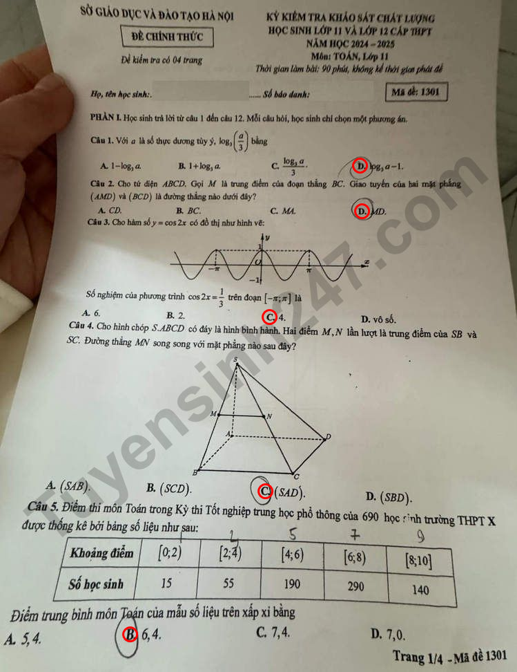 Huong dan giai De thi khao sat lop 11 mon Toan So GD Ha Noi 2025 - Ma de 1301