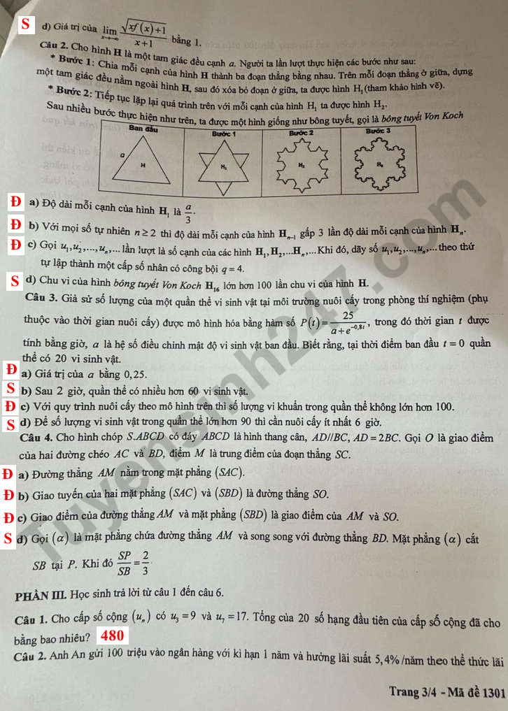 Huong dan giai De thi khao sat lop 11 mon Toan So GD Ha Noi 2025 - Ma de 1301