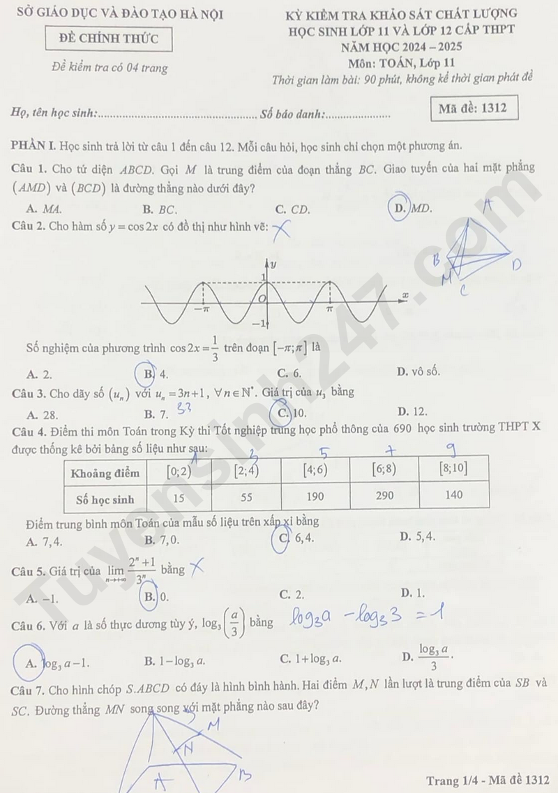 De khao sat lop 11 mon Toan - So GD Ha Noi 2025 ma de 1312