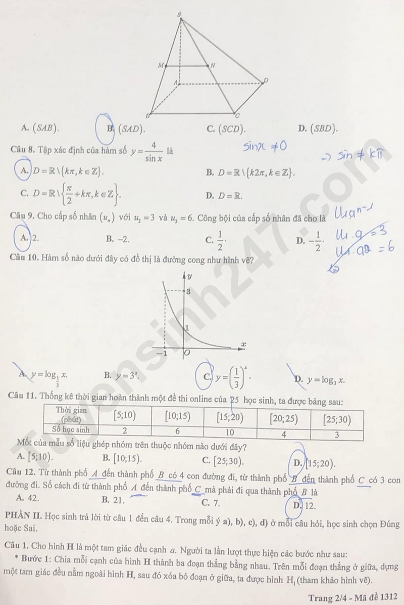 De khao sat lop 11 mon Toan - So GD Ha Noi 2025 ma de 1312