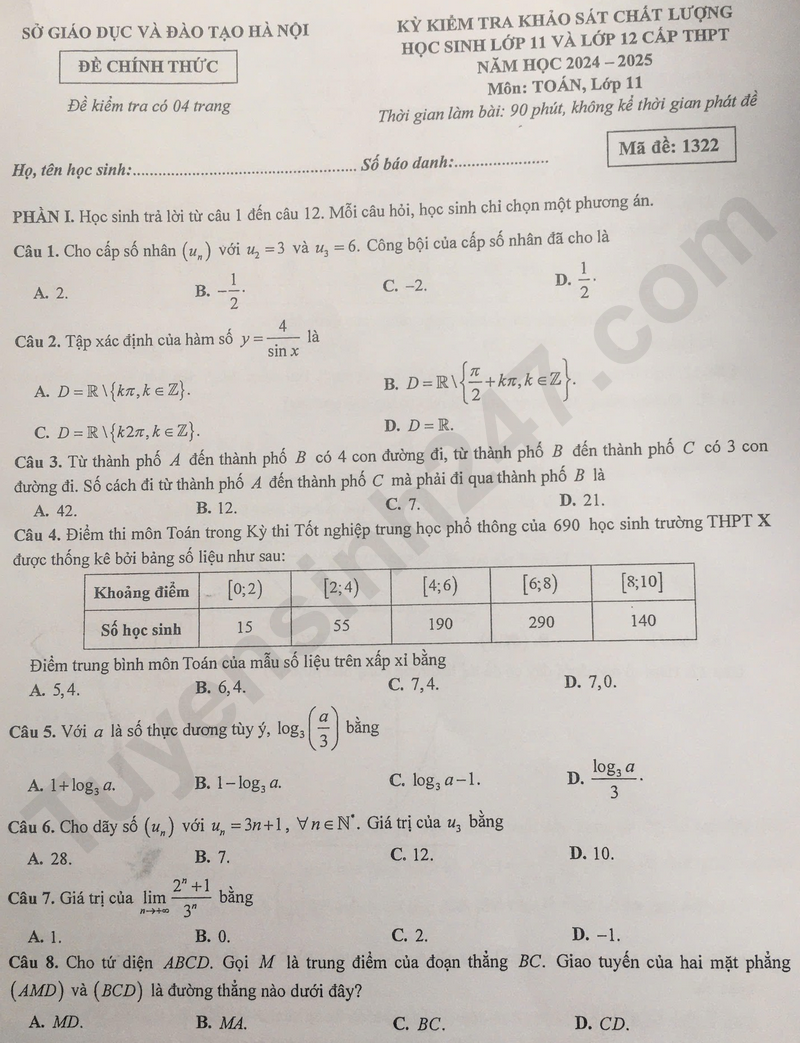 De khao sat lop 11 mon Toan - So GD Ha Noi 2025 ma de 1322