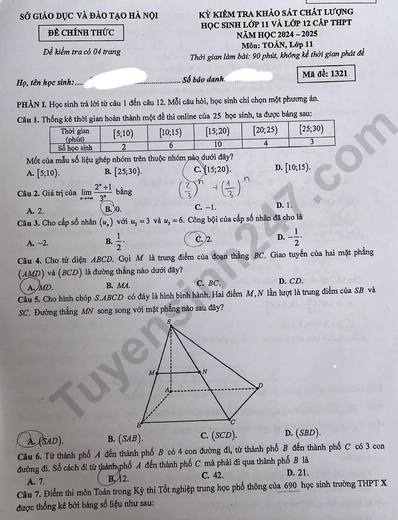 De khao sat lop 11 mon Toan - So GD Ha Noi 2025 ma de 1321