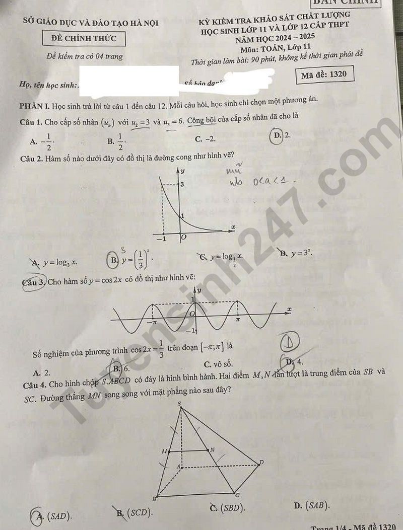 De khao sat lop 11 mon Toan - So GD Ha Noi 2025 ma de 1320