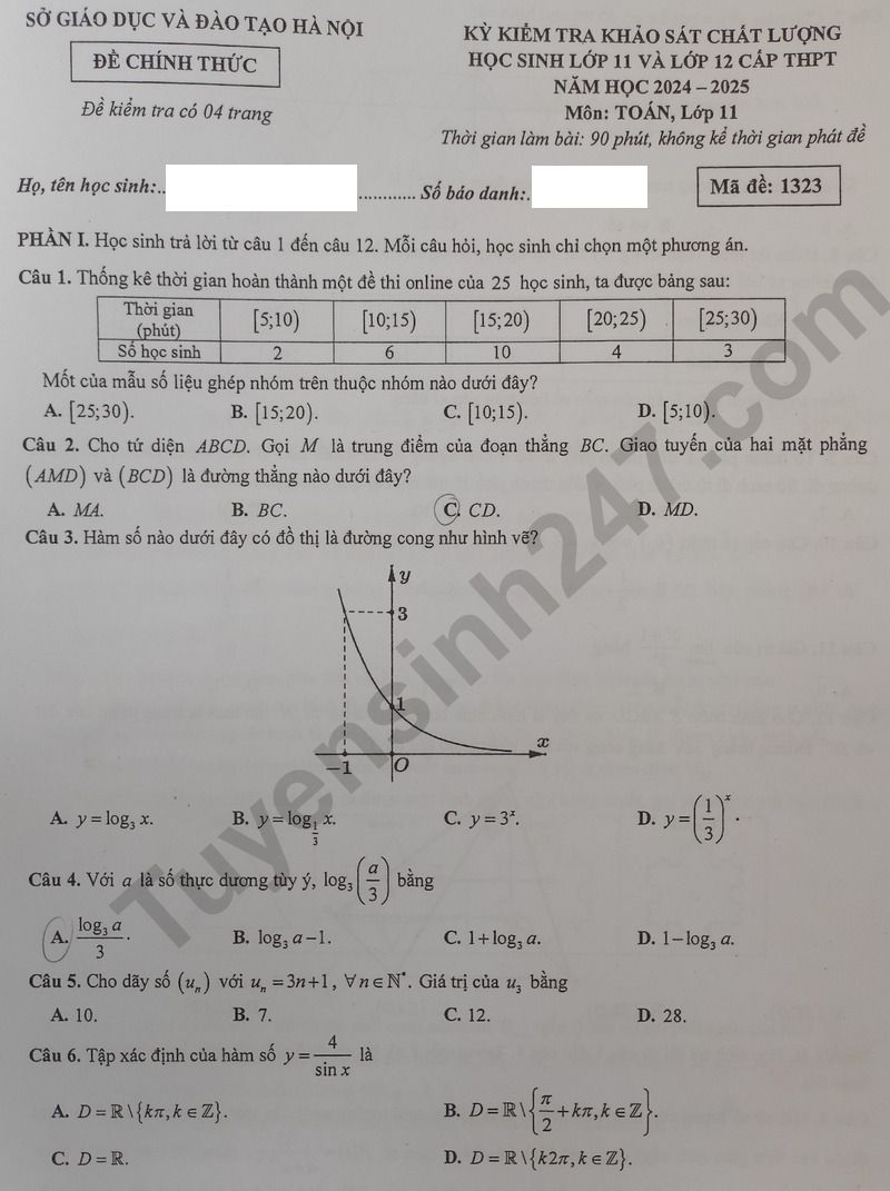 De khao sat lop 11 mon Toan - So GD Ha Noi 2025 ma de 1323