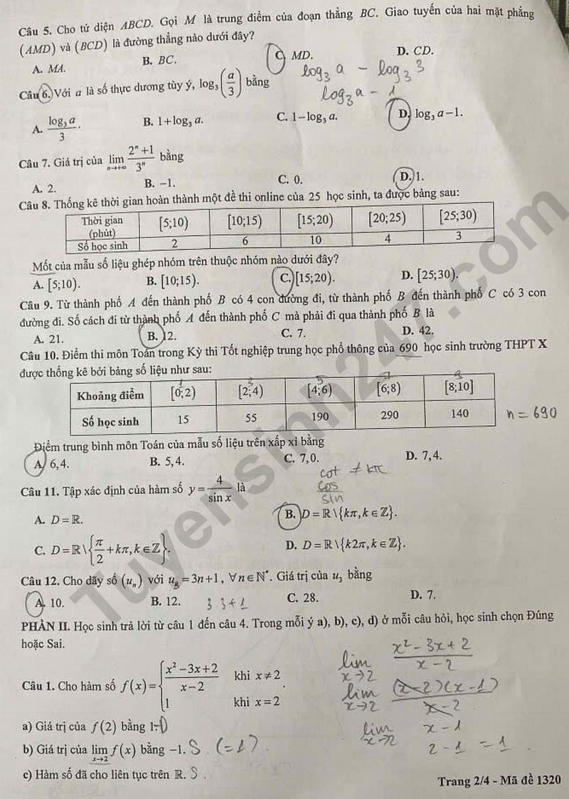 De khao sat lop 11 mon Toan - So GD Ha Noi 2025 ma de 1320