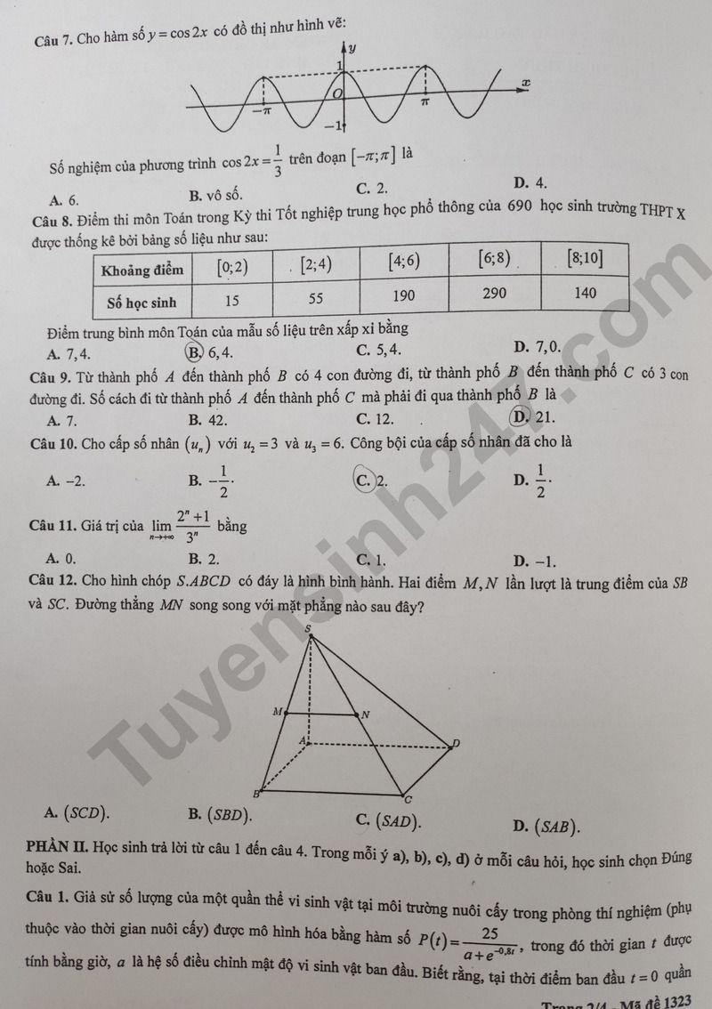 De khao sat lop 11 mon Toan - So GD Ha Noi 2025 ma de 1323