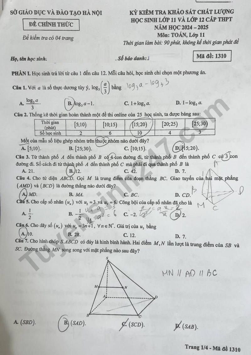 De khao sat lop 11 mon Toan - So GD Ha Noi 2025 ma de 1310