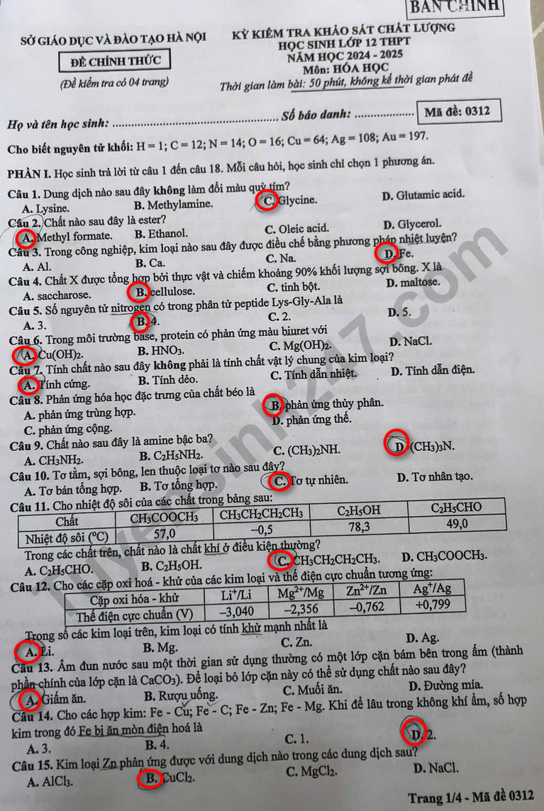 Huong dan giai De thi khao sat lop 12 mon Hoa - So GD Ha Noi 2025