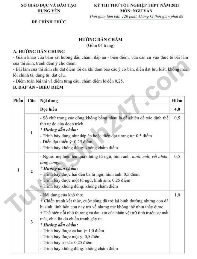 De thi thu tot nghiep THPT 2025 mon Van - So GD Hung Yen (Co dap an)