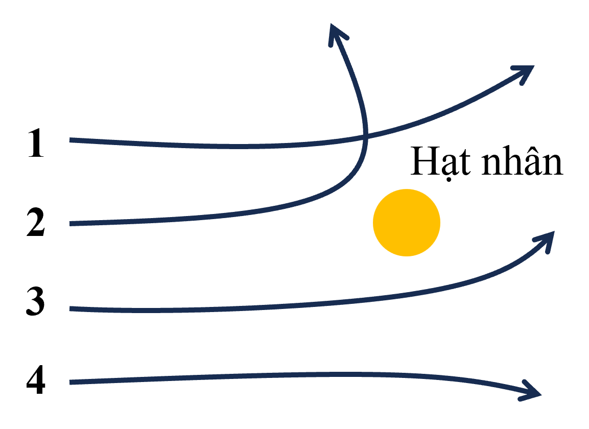 Trong thí nghiệm tán xạ alpha của Rutherford, chùm hạt alpha được bắn về  phía hạt nhân của nguyên tử vàng. Trong các quỹ đạo như hình vẽ, hạt alpha  không thể