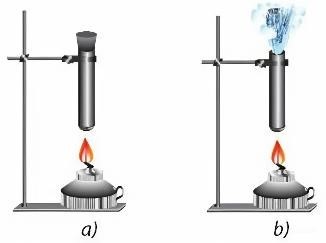 Hơ nóng một khối khí trong ống nghiệm có nút đậy kín (hình a) và kết quả (hình  b). Hiện tượng nút bị đẩy bật ra khỏi ống là do