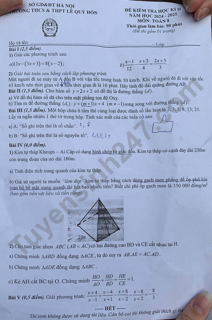 De thi hoc ki 2 lop 8 mon Toan 2025 - THCS&THPT Le Quy Don