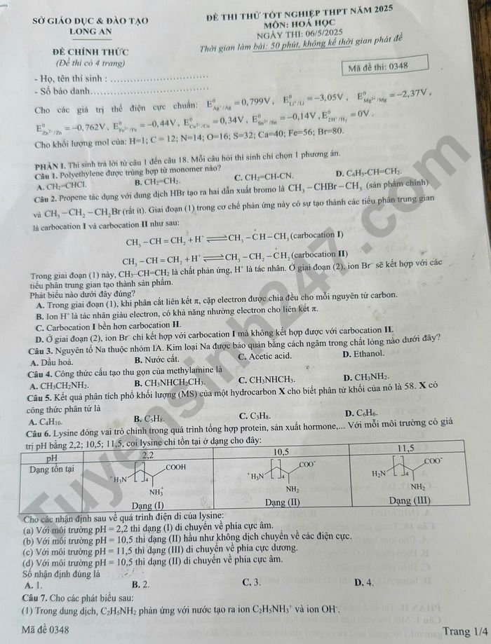 De thi thu tot nghiep THPT 2025 mon Hoa - So GDDT Long An (Co dap an)