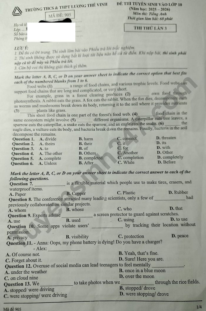 De thi thu vao lop 10 mon Anh 2025 - THCS&THPT Luong The Vinh (lan 3)