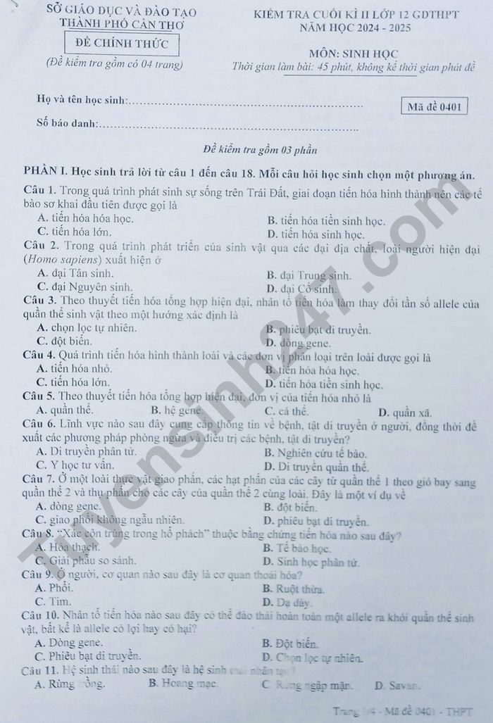 De thi ki 2 lop 12 mon Sinh 2025 - Thanh pho Can Tho