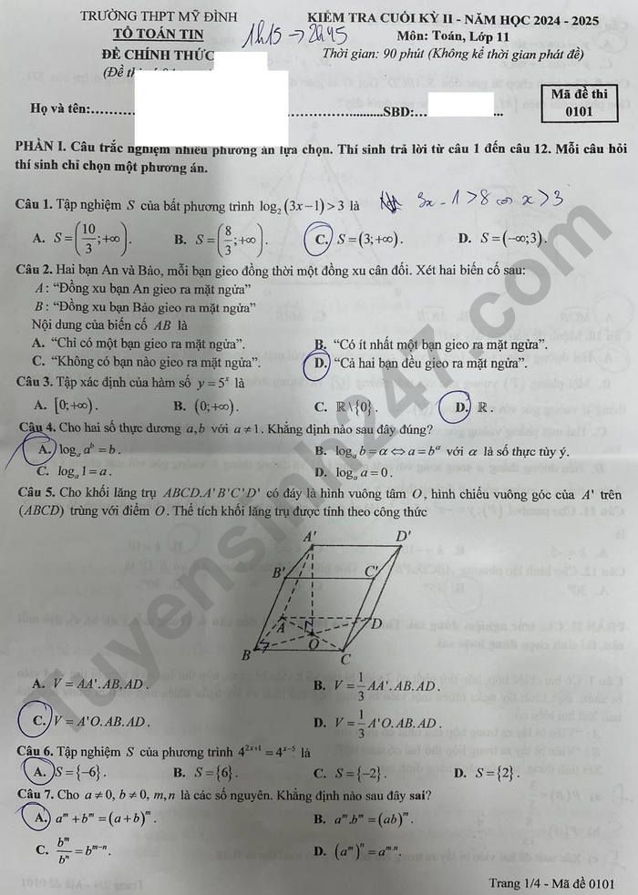 De thi cuoi ki 2 mon Toan lop 11 THPT My Dinh 2025