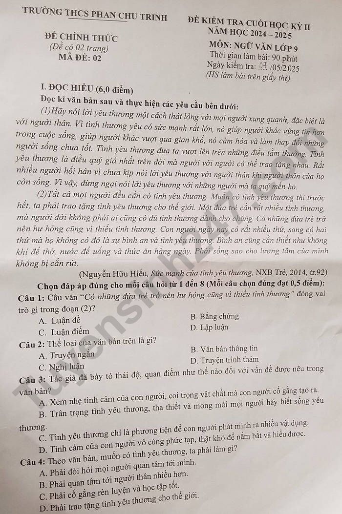 De thi hoc ki 2 lop 9 mon Van 2025 - THCS Phan Chu Trinh