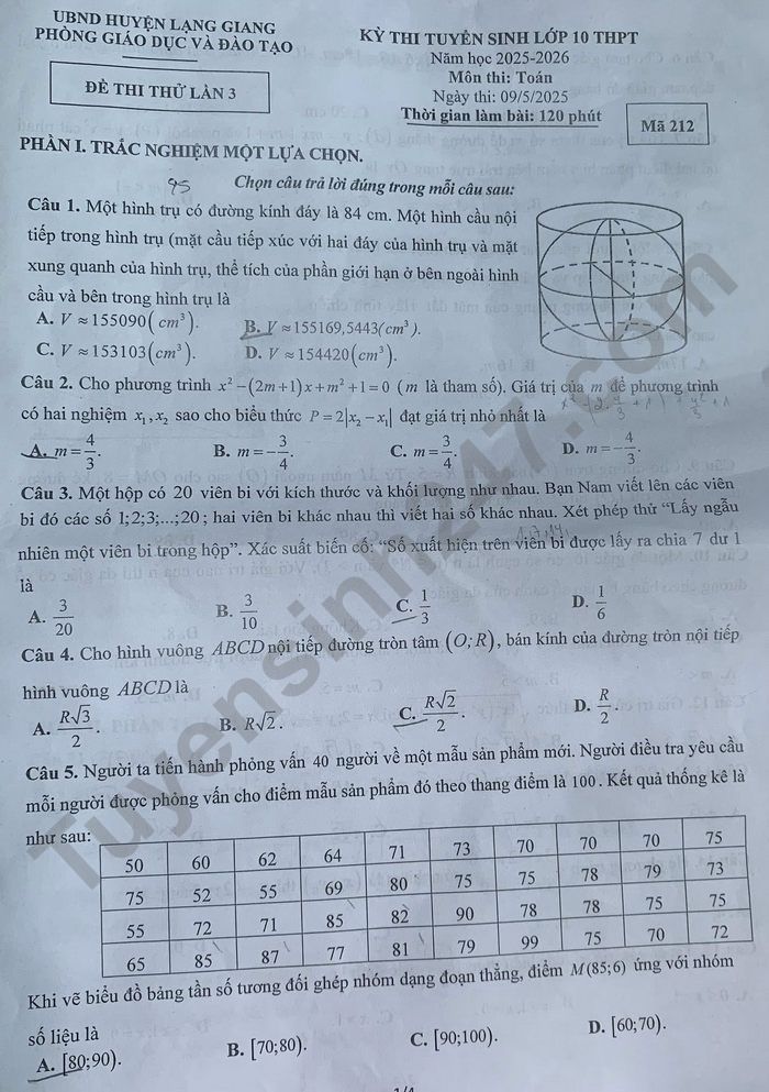 De thi thu vao lop 10 nam 2025 mon Toan - Phong GD Lang Giang (lan 3)