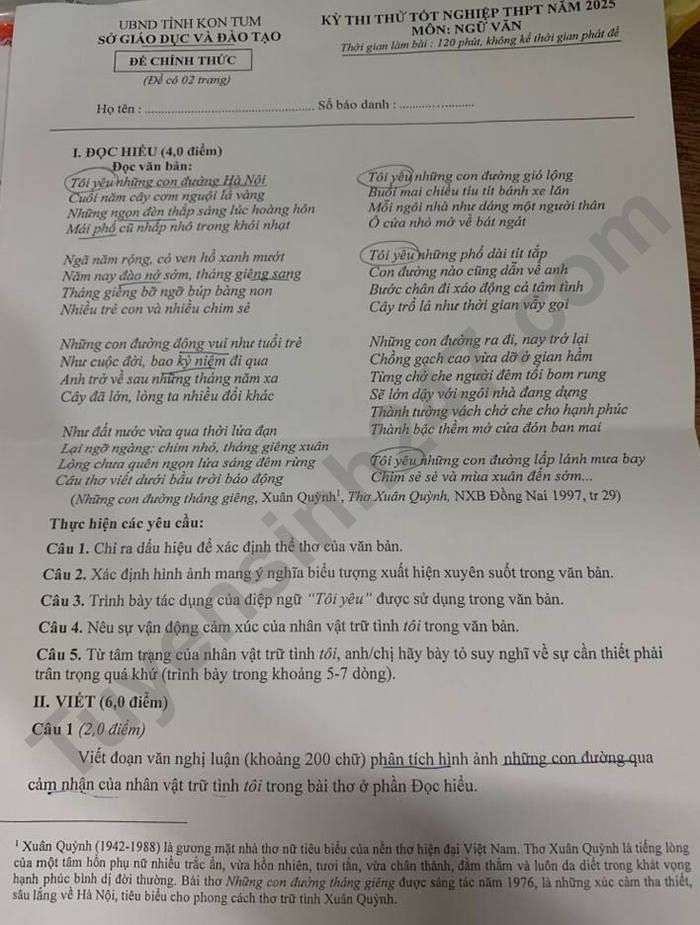 De thi thu tot nghiep THPT 2025 mon Van - So GD Kon Tum