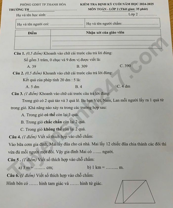 De kiem tra hoc ki 2 lop 2 mon Toan - TP Thanh Hoa 2025